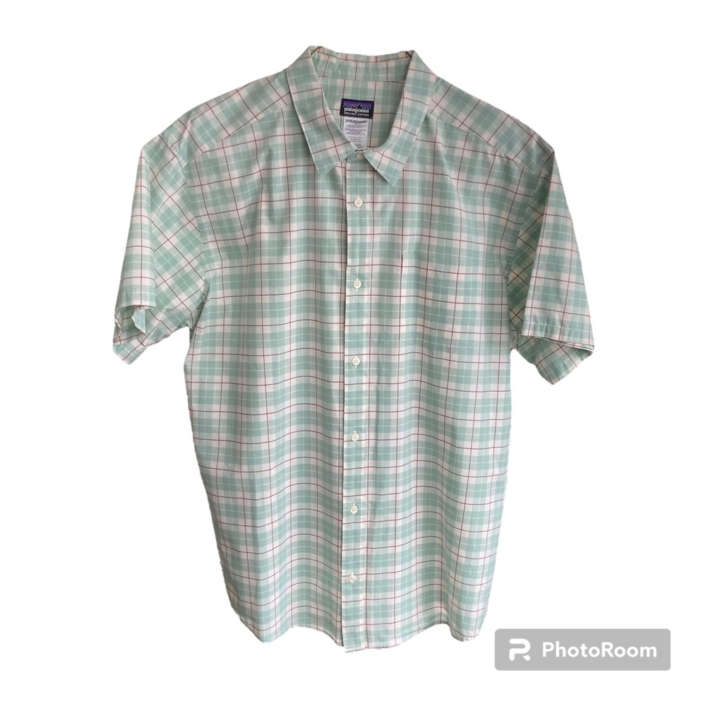 Patagonia Shirt Men's 2XL Mint Green Plaid Button Up Organic Cotton